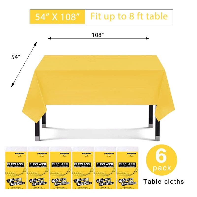 Eleclassi Yellow 6 Pack Premium Disposable Plastic Tablecloth 54 x 108 in - Plastic Table Cloth Disposable Tablecloth for Rectangle Table Up to 8 Feet - Image 2